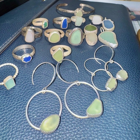 green sea glass natural tumbled floral sterling & fine silver - Picture 2 of 5